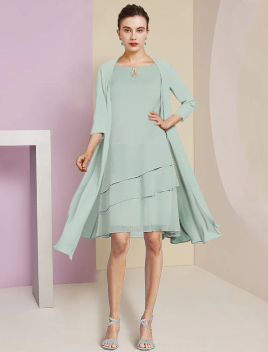 Two Piece A-Line Mother of the Bride Dress Formal Wedding Guest Elegant Scoop Neck Knee Length Chiffon 3/4 Length Sleeve with Tier