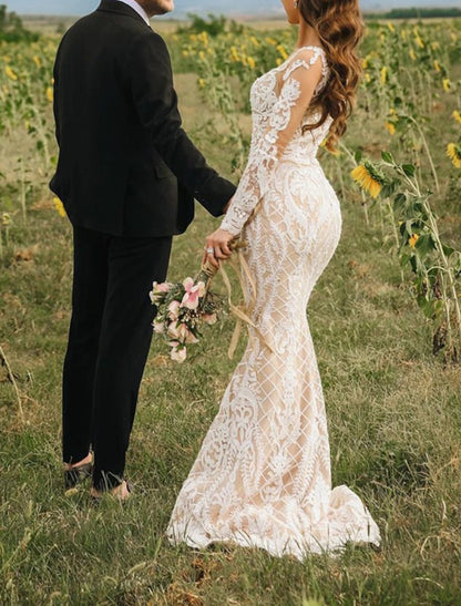 Engagement Formal Boho Wedding Dresses Mermaid / Trumpet Illusion Neck Long Sleeve Sweep / Brush Train Lace Bridal Gowns With Applique