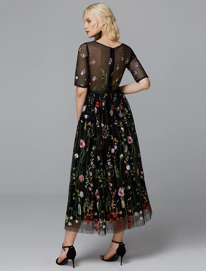 A-Line Floral Dress Valentine's Day Wedding Guest Tea Length Half Sleeve Illusion Neck Lace with Embroidery Appliques