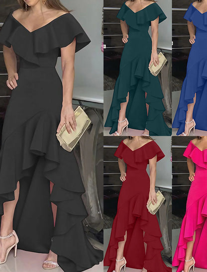 Party Dress Maxi long Dress Green Black Wine Fuchsia Dark Blue Short Sleeve Pure Color Ruffle Plus High Low Fall Spring V Neck Elegant