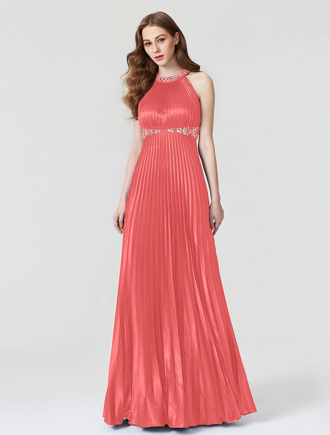 A-Line Beautiful Back Dress Holiday Cocktail Party Floor Length Sleeveless Jewel Neck Satin with Pleats Beading