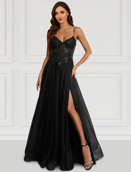 A-Line Prom Black Dress Floral Dress Party Wear Wedding Party Floor Length Sleeveless Spaghetti Strap Tulle with Glitter Slit