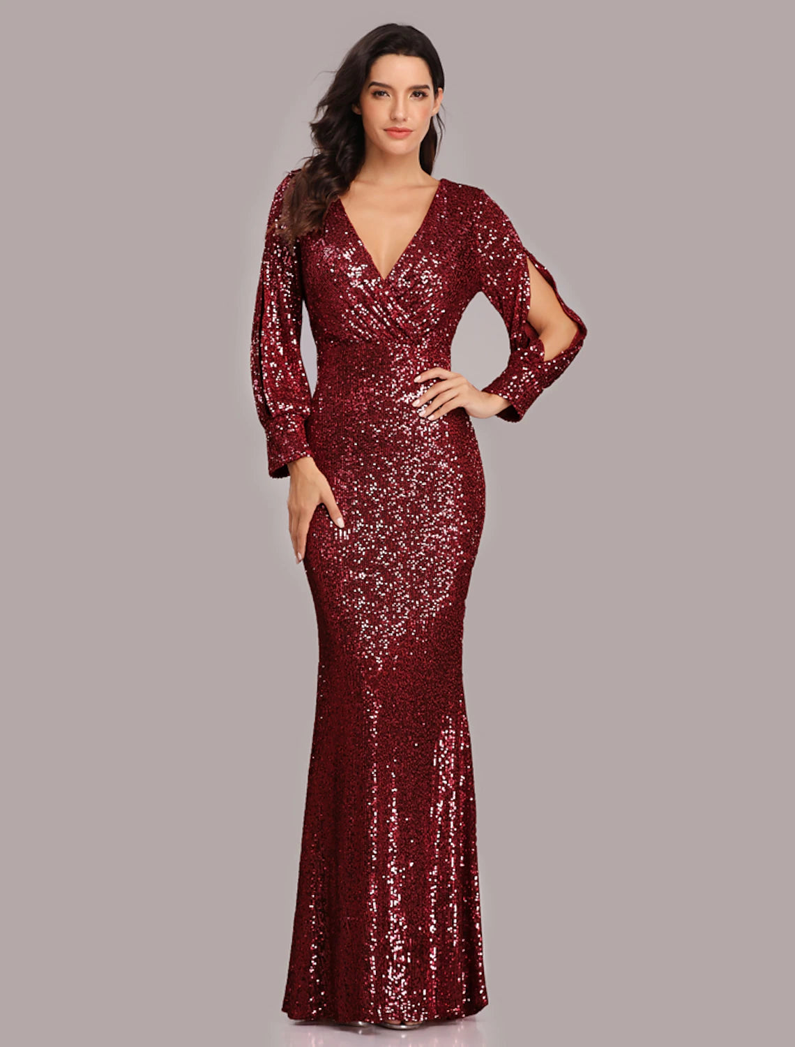 Mermaid / Trumpet Evening Gown Sparkle Dress Party Dress Wedding Guest Floor Length Long Sleeve V Neck Sequined with Sequin