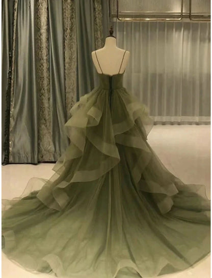 A-Line Prom Dresses Elegant Dress Formal Court Train Christmas Red Green Dress Sleeveless Spaghetti Strap Tulle with Pleats Ruffles