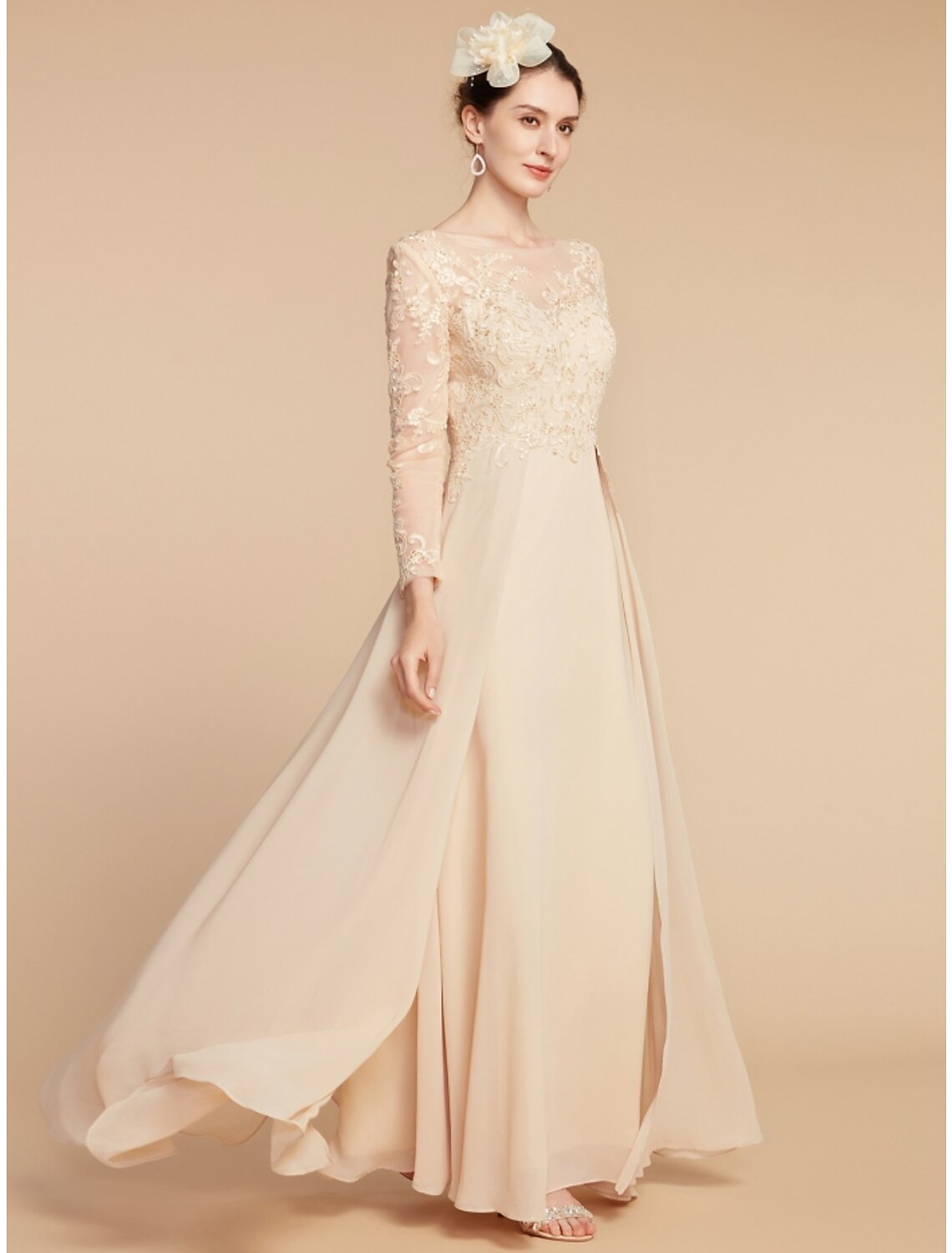 A-Line Mother of the Bride Dress Wedding Guest Elegant Jewel Neck Ankle Length Chiffon Lace Long Sleeve with Ruching Solid Color