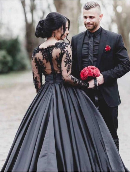 Black Wedding Dresses Formal A-Line Illusion Neck Long Sleeve Floor Length Lace Satin Gothic Fall Halloween Engagement Bridal Gowns With Draping Appliques