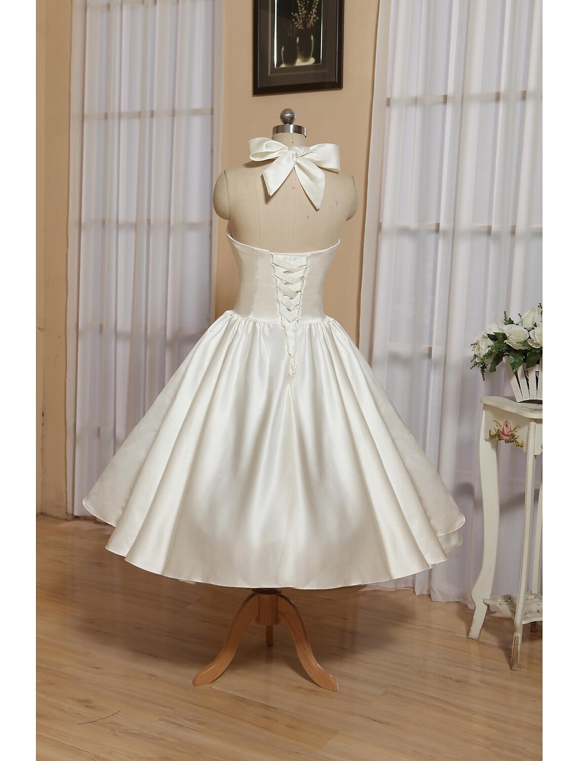 Reception Little White Dresses Wedding Dresses A-Line Halter Neck Sleeveless Tea Length Satin Bridal Gowns With Bow(s) Pleats