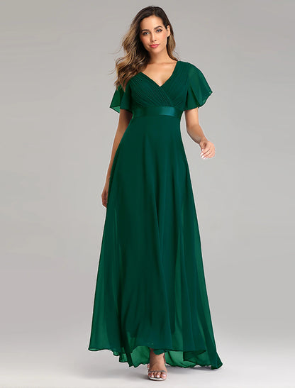 A-Line Prom Dresses Christmas Red Green Dress Fall Wedding Guest Dress For Bridesmaid Floor Length Short Sleeve V Neck Chiffon V Back with Ruched Ruffles