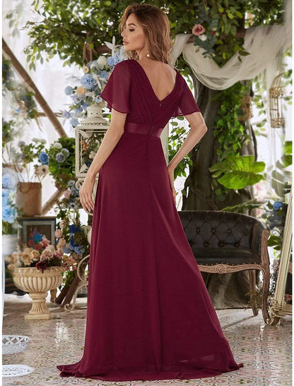 A-Line Evening Gown Party Dress Empire Dress Wedding Guest Formal Evening Floor Length Short Sleeve V Neck Bridesmaid Dress Chiffon V Back with Ruffles Pure Color