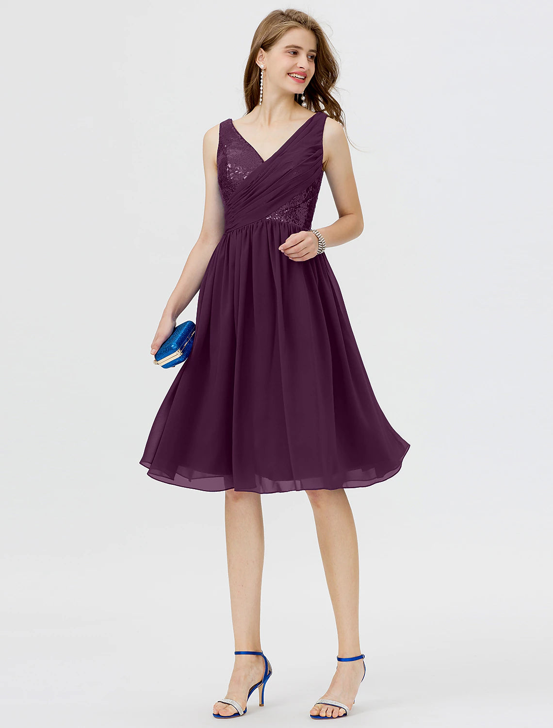 A-Line Cute Dress Cocktail Party Formal Evening Short / Mini Sleeveless V Neck Chiffon with Sequin Side Draping