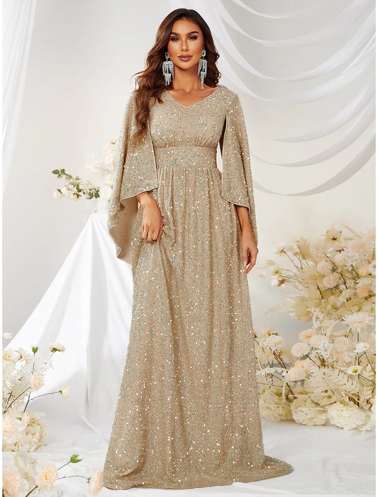 A-Line Evening Gown Elegant Dress Formal Wedding Sweep / Brush Train Long Sleeve V Neck Capes Polyester with Sequin