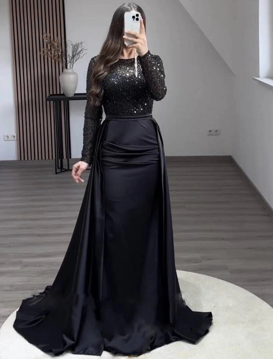 Mermaid Sequin Evening Gown Ruched Satin Dress Long Sleeves Floor Length Sparkle Illusion Neck Prom Wedding Guest Dress with Pearls Overskirt