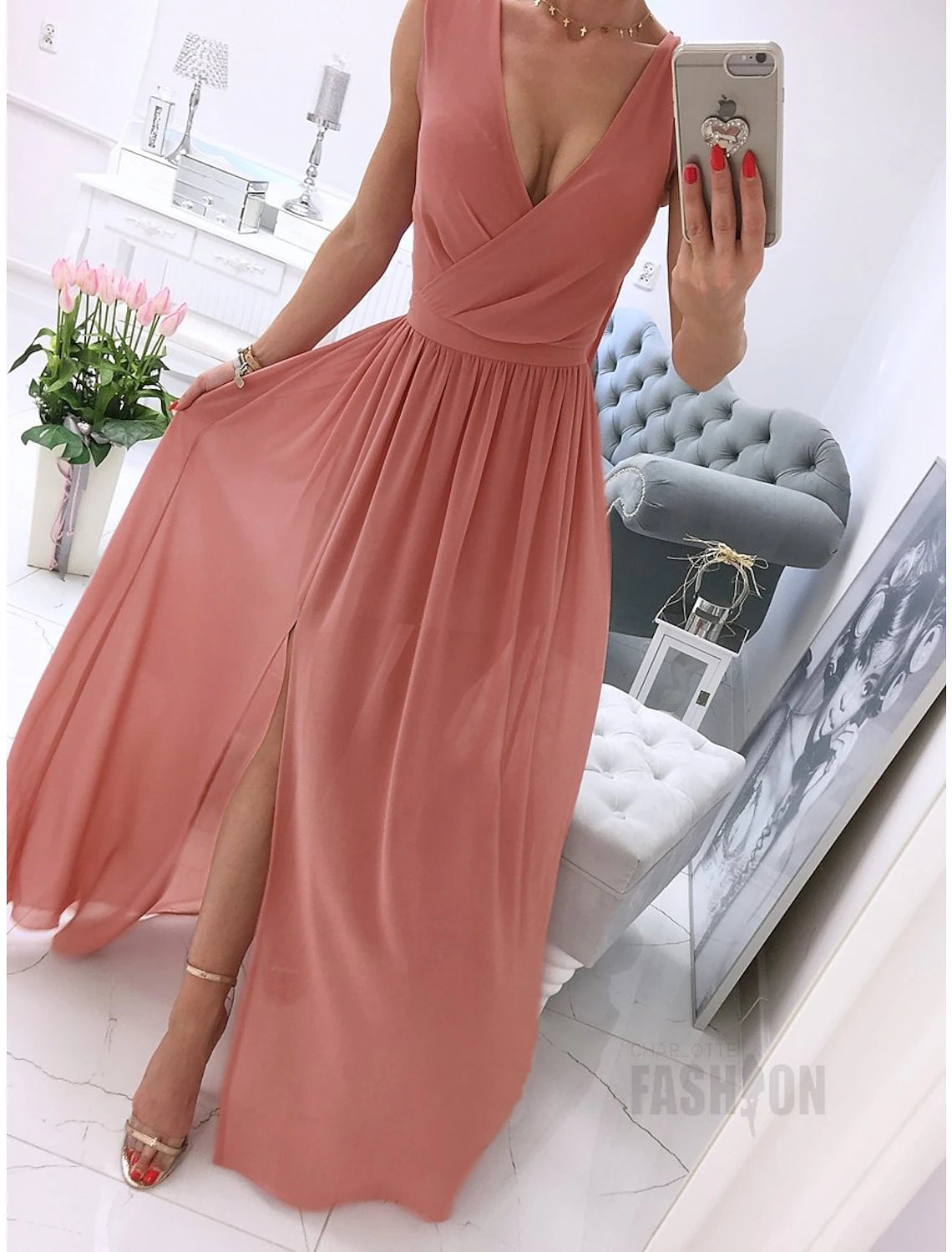 Women's Party Dress Holiday Dress Swing Dress Long Dress Maxi Dress Leather Pink White Light Green Sleeveless Pure Color Split Spring Summer V Neck Vacation Party Wedding Guest Date