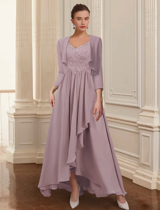 Two Piece A-Line Mother of the Bride Dress Formal Wedding Guest Elegant High Low V Neck Asymmetrical Ankle Length Chiffon Lace 3/4 Length Sleeve Jacket Dresses with Appliques