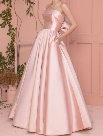 A-Line Prom Dresses Elegant Dress Wedding Guest Engagement Floor Length Sleeveless Strapless Satin with Pleats