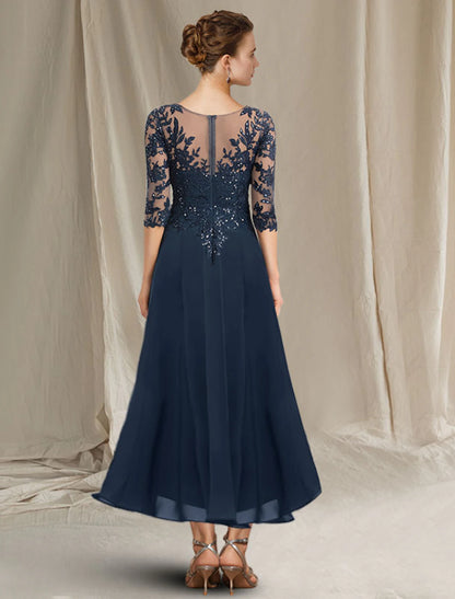 A-Line Mother of the Bride Dress Elegant Sparkle & Shine High Low V Neck Asymmetrical Tea Length Chiffon Lace Half Sleeve with Sequin Ruffles Appliques