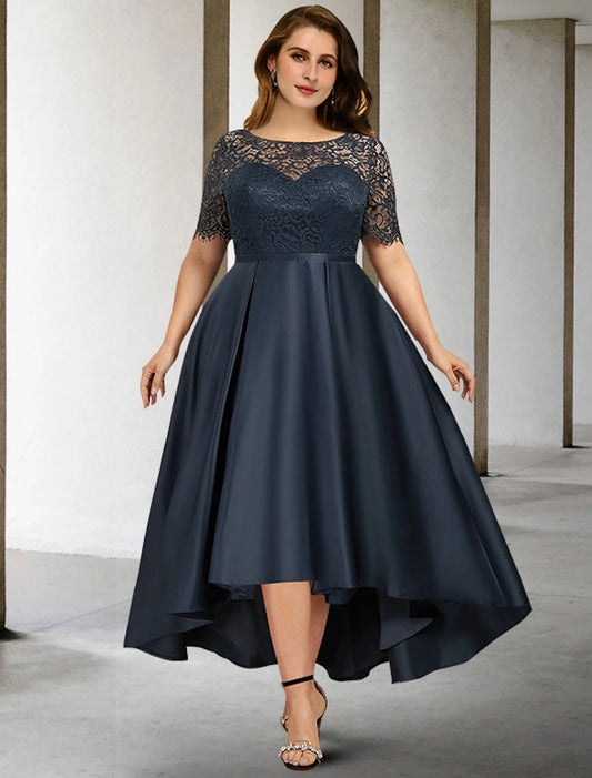 A-Line Mother of the Bride Dresses Plus Size Hide Belly Curve Elegant Dress Formal Asymmetrical Short Sleeve Jewel Neck Satin with Pleats