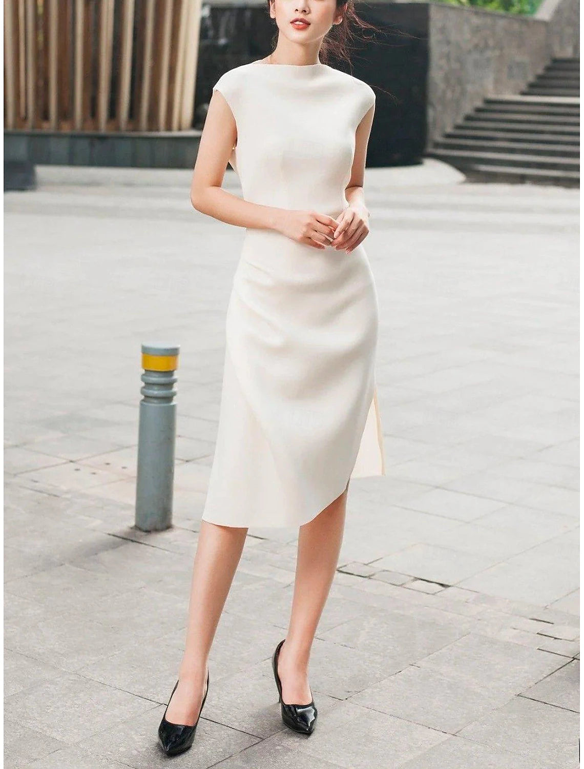 Elegant Cocktail Dresses Wedding Guest Dress Formal Tea Length Sleeveless One Shoulder Stretch Crepe with Slit