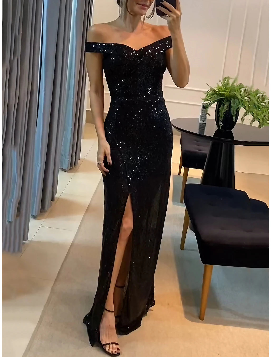 Women's Black Dress Sequin Dress Prom Dress Sequins Split Off Shoulder Short Sleeve Vacation Black Spring Winter