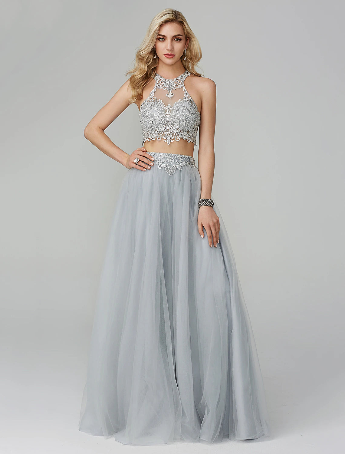 Two Piece Empire Dress Wedding Guest Prom Floor Length Sleeveless Halter Neck Lace with Appliques