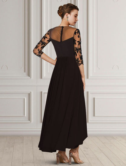 Mother of the Bride Dress Elegant High Low Jewel Neck Asymmetrical Tea Length Chiffon Lace 3/4 Length Sleeve with Appliques