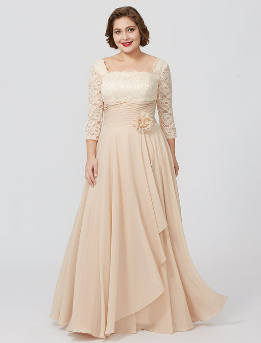 Sheath / Column Mother of the Bride Dress Formal Classic & Timeless Elegant & Luxurious Plus Size Square Neck Floor Length Chiffon Metallic Lace 3/4 Length Sleeve No with Sash / Ribbon Flower