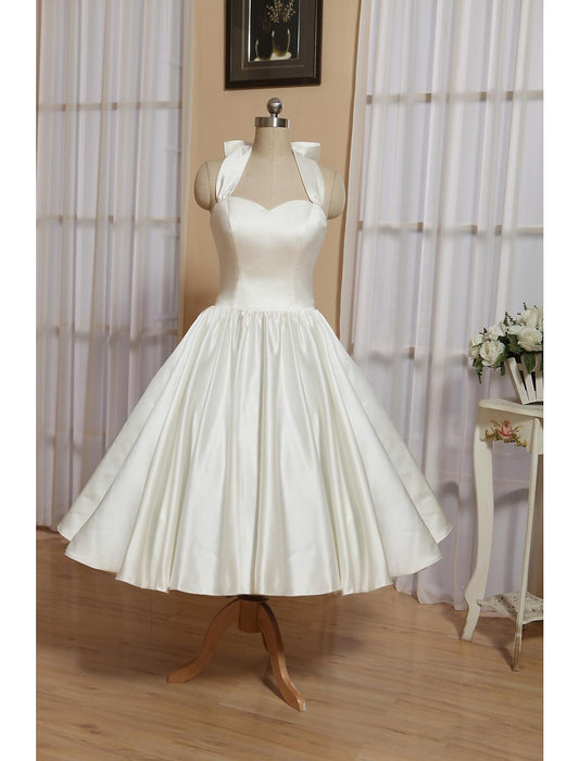 Reception Little White Dresses Wedding Dresses A-Line Halter Neck Sleeveless Tea Length Satin Bridal Gowns With Bow(s) Pleats