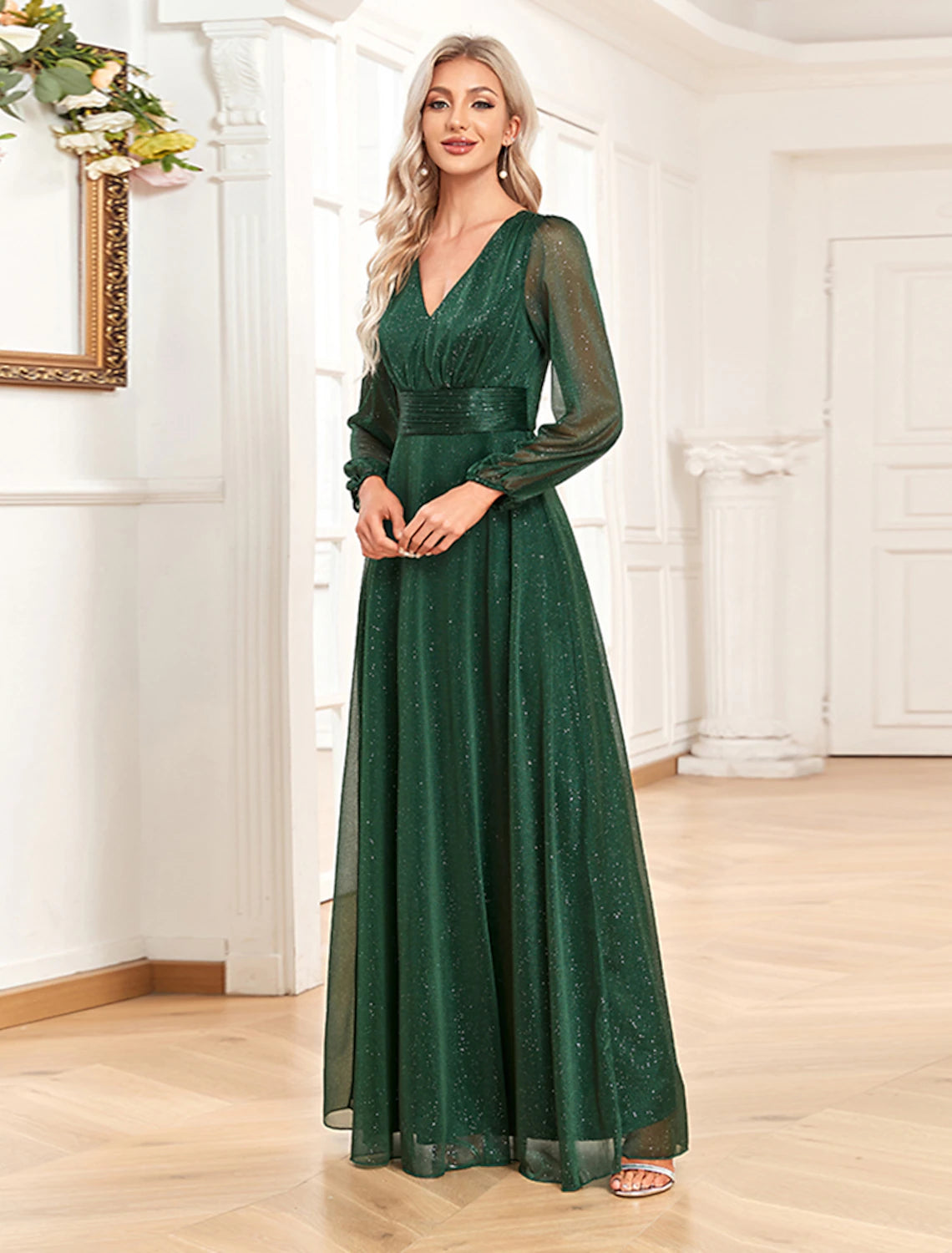 A-Line Evening Gown Sparkle & Shine Dress Formal Wedding Party Dress Floor Length Long Sleeve V Neck Chiffon with Sequin