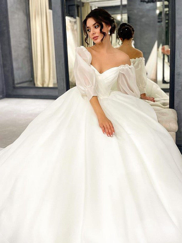 Ball Gown Organza Ruched Sweetheart 3/4 Sleeves Court Train Wedding Dresses