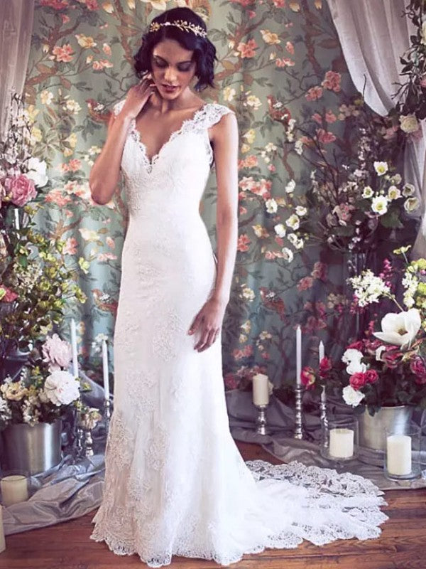 Sheath/Column Tulle Lace V-neck Sleeveless Court Train Wedding Dresses