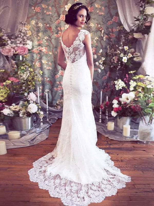 Sheath/Column Tulle Lace V-neck Sleeveless Court Train Wedding Dresses