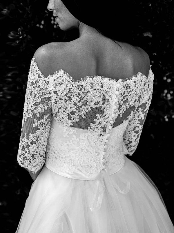 A-Line/Princess Tulle Lace Off-the-Shoulder 1/2 Sleeves Ankle-Length Wedding Dresses