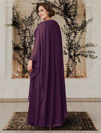 A-Line Mother of the Bride Dress Plus Size Elegant V Neck Floor Length Chiffon Long Sleeve with Pleats Crystals