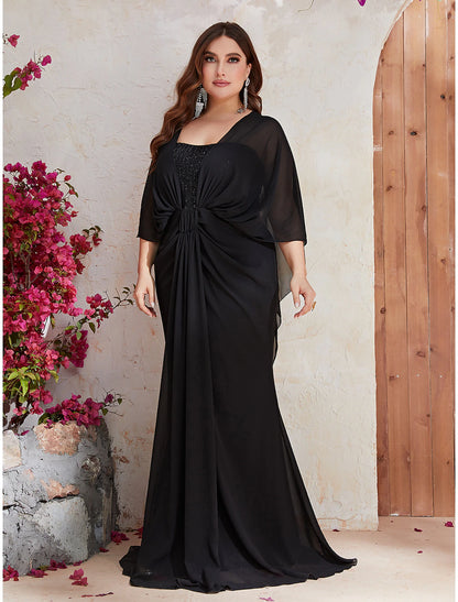 Mermaid / Trumpet Wedding Guest Dresses Plus Size Dress Formal Evening Party Dress Sweep / Brush Train Long Sleeve V Neck Polyester with Sequin Shawl