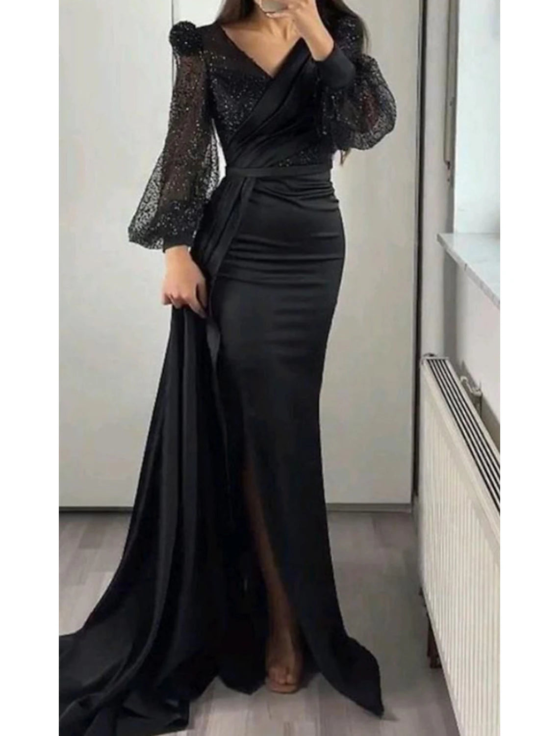 Mermaid Evening Dress Champagne Gown Sparkle Sequin Dress Formal Black Tie Floor Length Long Sleeve V Neck Satin With Buttons Pearls