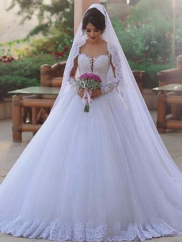 Ball Gown Sweetheart Long Sleeves Sweep/Brush Train Lace Tulle Wedding Dresses