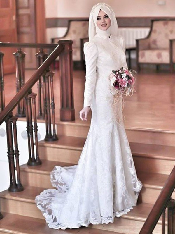 Trumpet/Mermaid High Neck Long Sleeves Sweep/Brush Train Lace Tulle Wedding Dresses