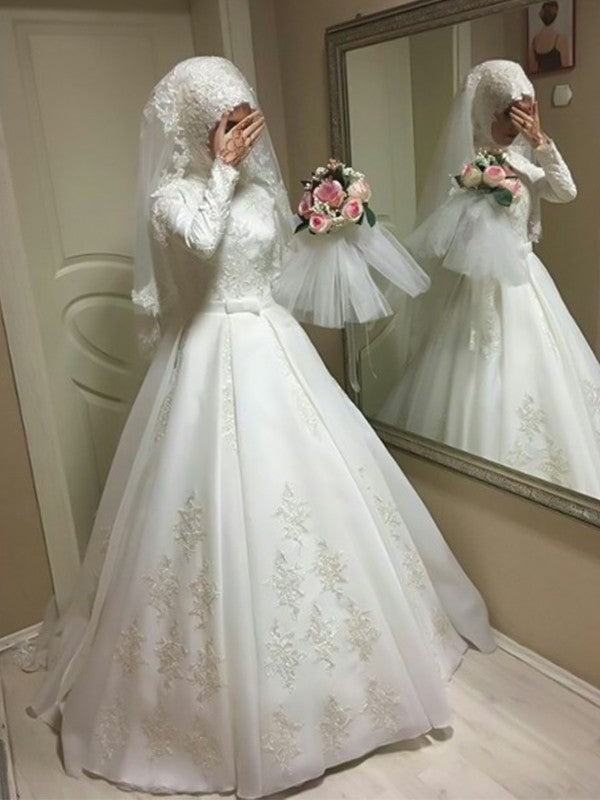 Ball Gown Jewel Long Sleeves Floor-Length Bowknot Organza Wedding Dresses