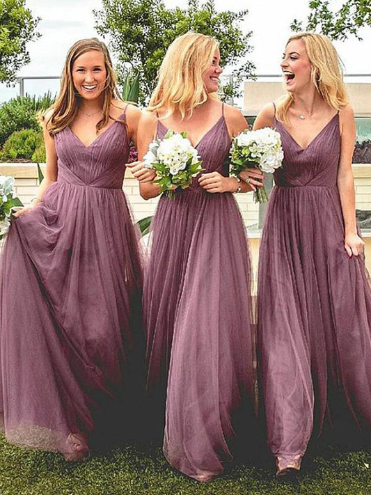 A-Line/Princess Spaghetti Straps Sleeveless Floor-Length Ruffles Tulle Bridesmaid Dresses