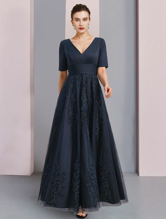 A-Line Mother of the Bride Dress Formal Wedding Guest Elegant Vintage V Neck Ankle Length Chiffon Lace Short Sleeve with Pleats Ruched Appliques