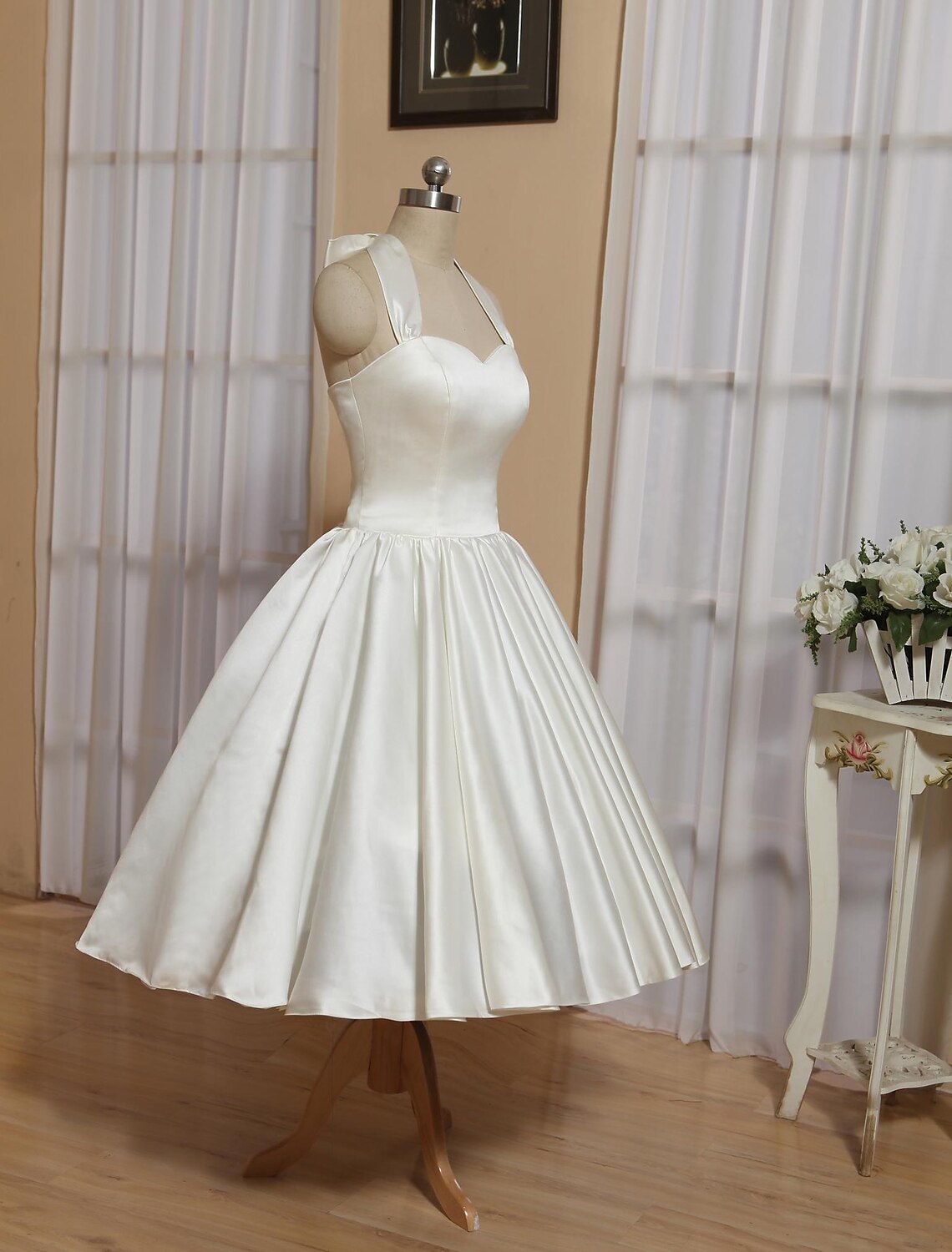 Reception Little White Dresses Wedding Dresses A-Line Halter Neck Sleeveless Tea Length Satin Bridal Gowns With Bow(s) Pleats