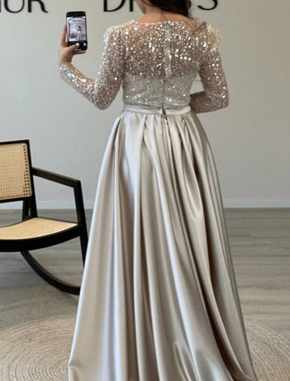 Mermaid Sequin Evening Gown Ruched Satin Dress Long Sleeves Floor Length Sparkle Illusion Neck Prom Wedding Guest Dress with Pearls Overskirt