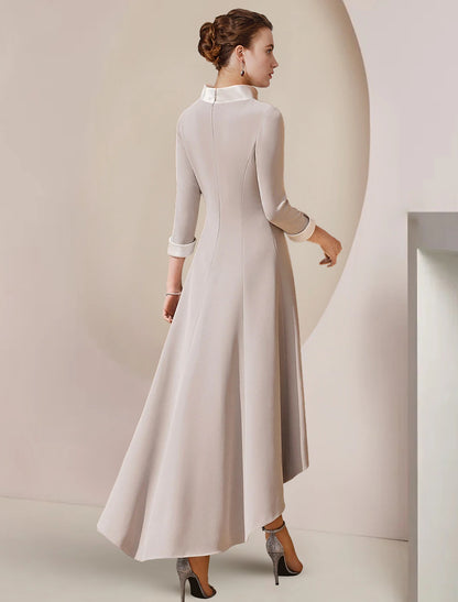 A-Line Mother of the Bride Dress Formal Wedding Guest Party Elegant High Neck Asymmetrical Tea Length Satin 3/4 Length Sleeve with Bow(s) Crystal Brooch