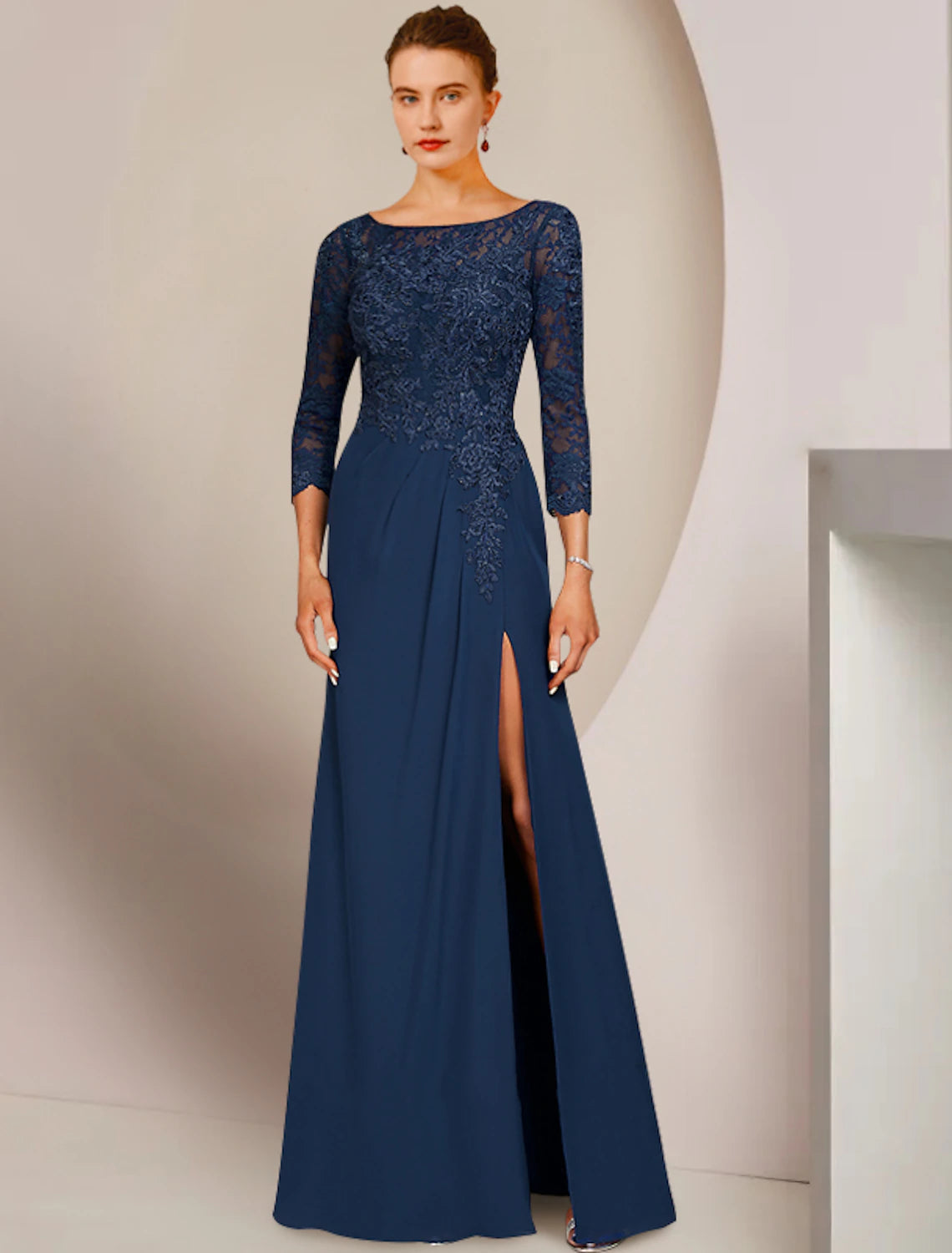 A-Line Mother of the Bride Dress Elegant Scoop Neck Floor Length Chiffon Lace 3/4 Length Sleeve with Appliques Split Front