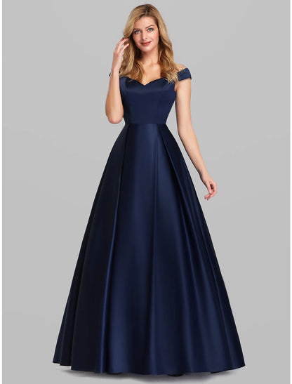 A-Line Evening Gown Party Dress Elegant & Luxurious Dress Wedding Guest Formal Evening Floor Length Sleeveless Plunging Neck Satin with Ruched