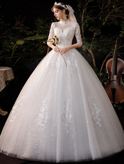 Reception Wedding Dresses Ball Gown High Neck Half Sleeve Floor Length Lace Bridal Gowns With Appliques