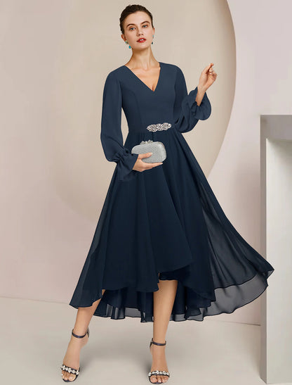 A-Line Mother of the Bride Dress Formal Wedding Guest Elegant High Low Scoop Neck V Neck Asymmetrical Tea Length Chiffon Long Sleeve with Crystal Brooch