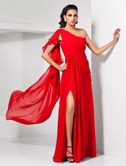 Sheath Christmas Red Green Dress Empire Wedding Guest Formal Evening Dress One Shoulder Sleeveless Floor Length Chiffon with Draping Slit