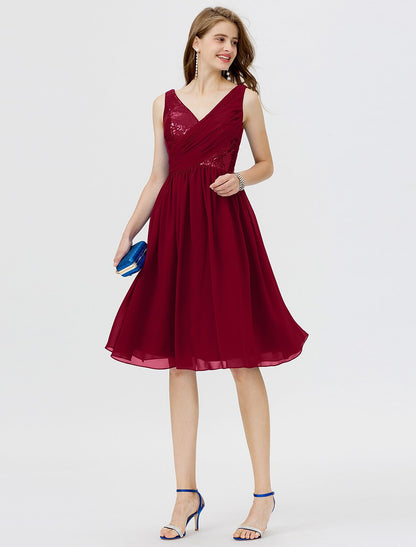 A-Line Cute Dress Cocktail Party Formal Evening Short / Mini Sleeveless V Neck Chiffon with Sequin Side Draping