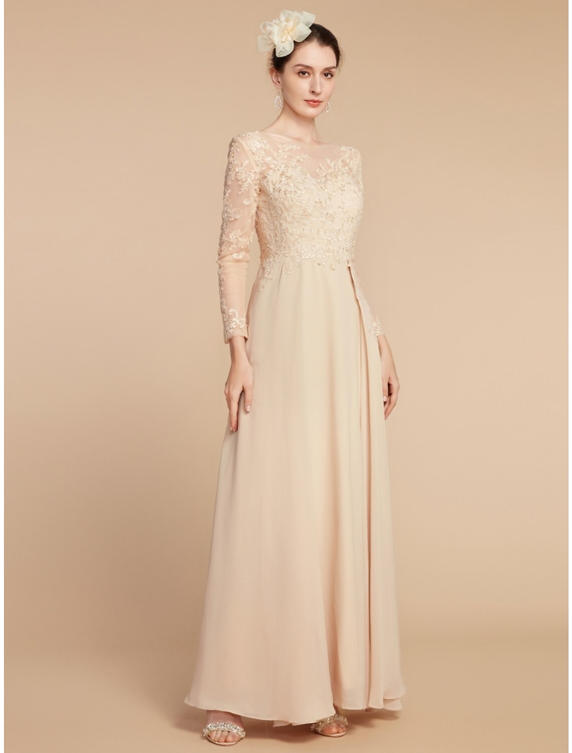 A-Line Mother of the Bride Dress Wedding Guest Elegant Jewel Neck Ankle Length Chiffon Lace Long Sleeve with Ruching Solid Color